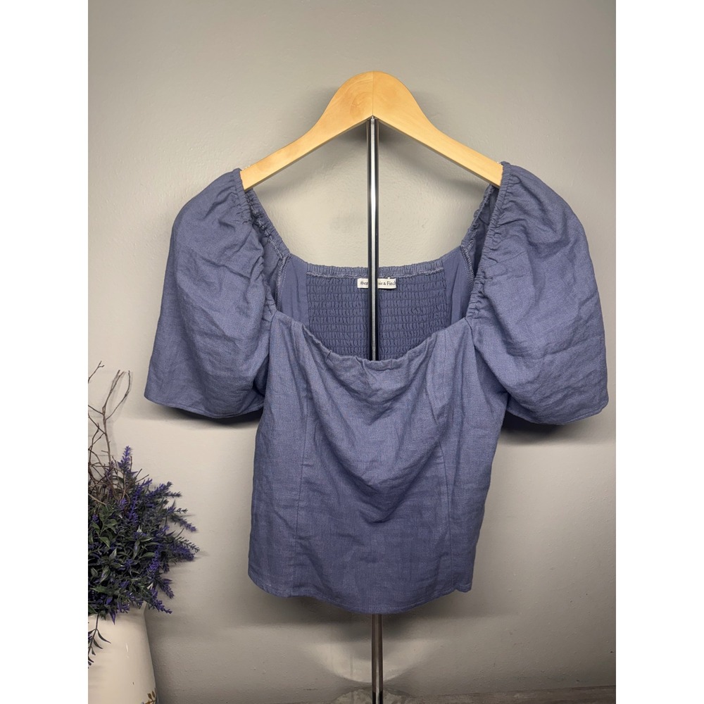 Abercrombie & Fitch Blue Linen Blend Puff Sleeve Smocked Back Top Medium